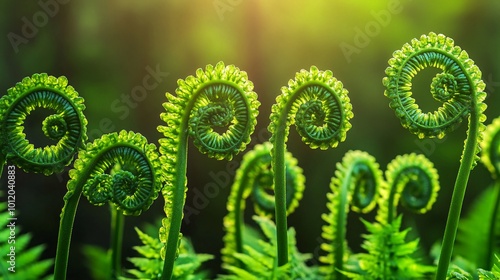 Close-up of vibrant green fern fiddleheads unfurling in sunlight. photo