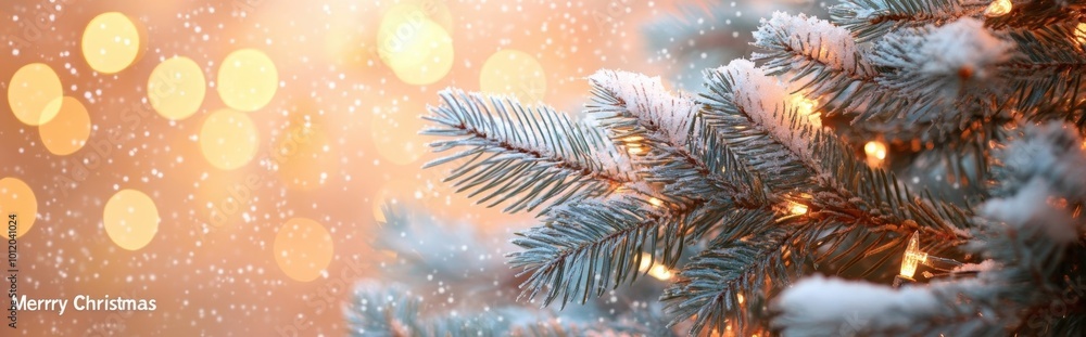 large branches of pine or spruce trees covered with snow at sunset, blurred bokeh, space for text, banner for New Year or Christmas greetings large branches of pine or spruce trees covered with snow at sunset, blurred bokeh, space for text, banner for New Year or Christmas greetings