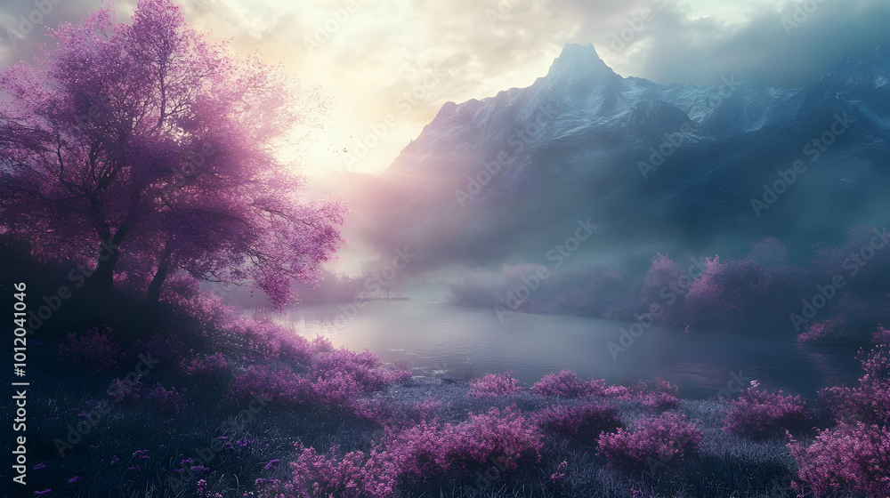 Fototapeta premium Misty Mountain Landscape Illustration with a River and Pink Trees