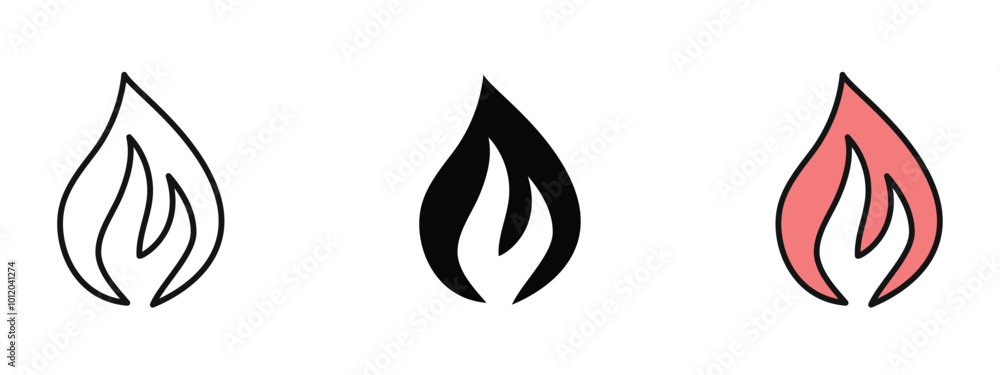 Flame icons set silhouette and editable colored in unexpanded vector form, three flame icon in outline style, silhouette and in editable redish color Flame icons set silhouette and editable colored in unexpanded vector form, three flame icon in outline style, silhouette and in editable redish color
