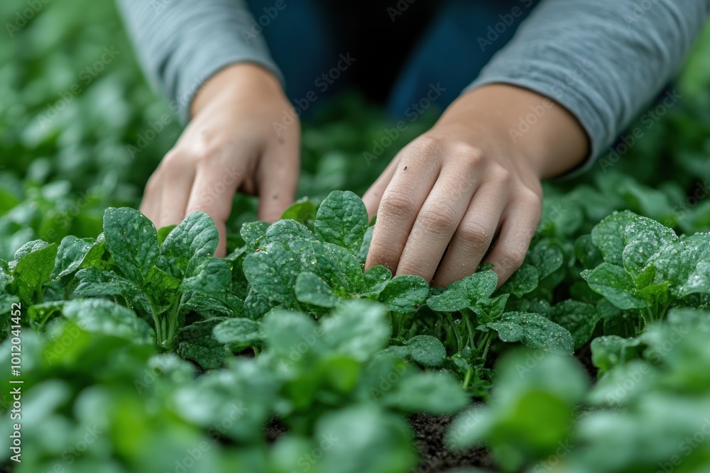 Close-up of hands tending to a lush green field of young plants. Close-up of hands tending to a lush green field of young plants.