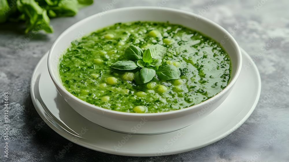 Green Pea Soup with Basil, Healthy and Delicious Food Photo Green Pea Soup with Basil, Healthy and Delicious Food Photo