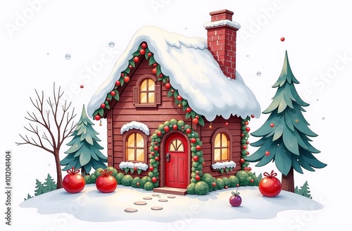 Illustration. Fairytale wooden house in the forest, decorated with New Year's garlands