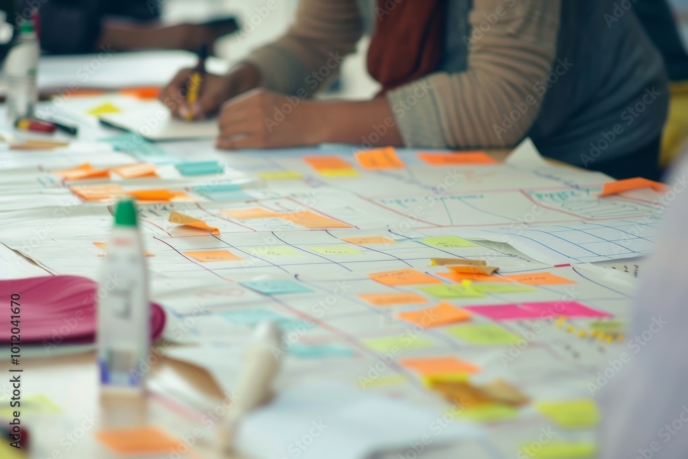 Team collaboration at a modern office space with a detailed project management board covered in colorful sticky notes during a daytime brainstorming session Team collaboration at a modern office space with a detailed project management board covered in colorful sticky notes during a daytime brainstorming session