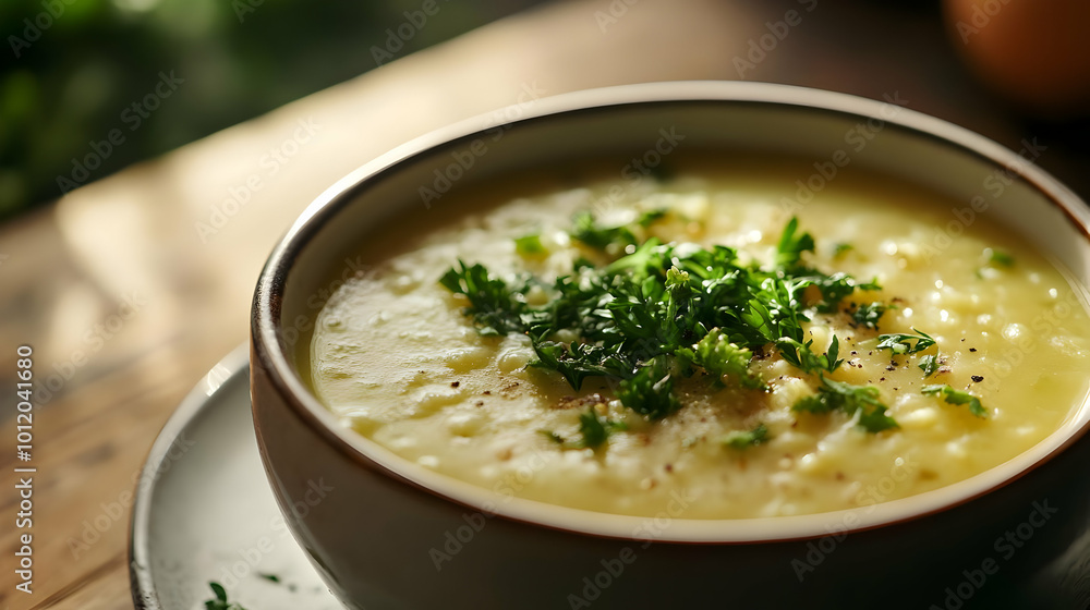 Creamy Soup in White Bowl with Green Garnish - Photo Creamy Soup in White Bowl with Green Garnish - Photo