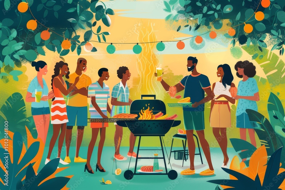 Group of friends enjoying a barbecue party in a tropical setting during a sunny afternoon with drinks and laughter Group of friends enjoying a barbecue party in a tropical setting during a sunny afternoon with drinks and laughter
