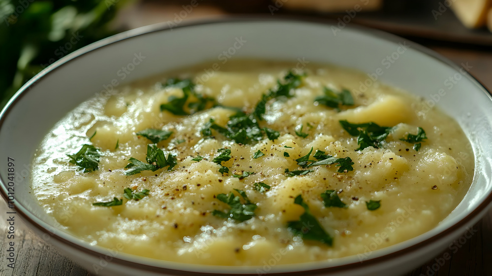 Close Up of Creamy Potato Soup with Parsley and Pepper Close Up of Creamy Potato Soup with Parsley and Pepper