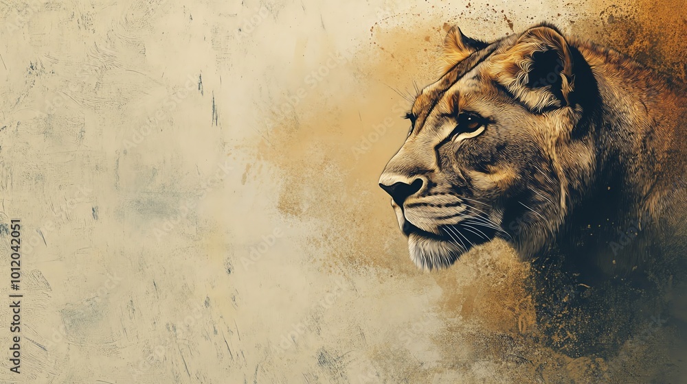 Obraz premium Artistic depiction of a lioness in profile with a textured background, capturing the essence of strength and grace in wildlife art.