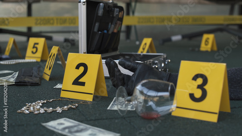 Crime scene of failed robbery of wealthy apartment. Evidence tags, victim's hand. Daytime. 