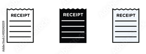 Three receipt icons, Receipt icon in outline, silhouette and editable colored in unexpanded editable vector form