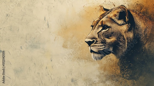 Artistic depiction of a lioness in profile with a textured background, capturing the essence of strength and grace in wildlife art.