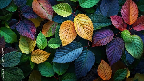 A collection of multicolored leaves in vibrant shades of green, yellow, red, and blue, covered with tiny water droplets. The rich diversity of colors creates a striking and dynamic composition, evokin photo