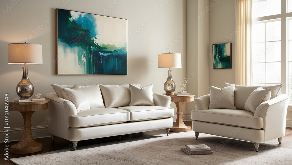 Modern living room interior featuring cozy, plush white sofas a wooden side table with decorative items. Modern living room interior featuring cozy, plush white sofas a wooden side table with decorative items.
