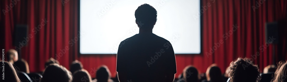 Silhouette of a person standing in a cinema with a bright screen and red curtains in the background, creating a dramatic atmosphere. Silhouette of a person standing in a cinema with a bright screen and red curtains in the background, creating a dramatic atmosphere.