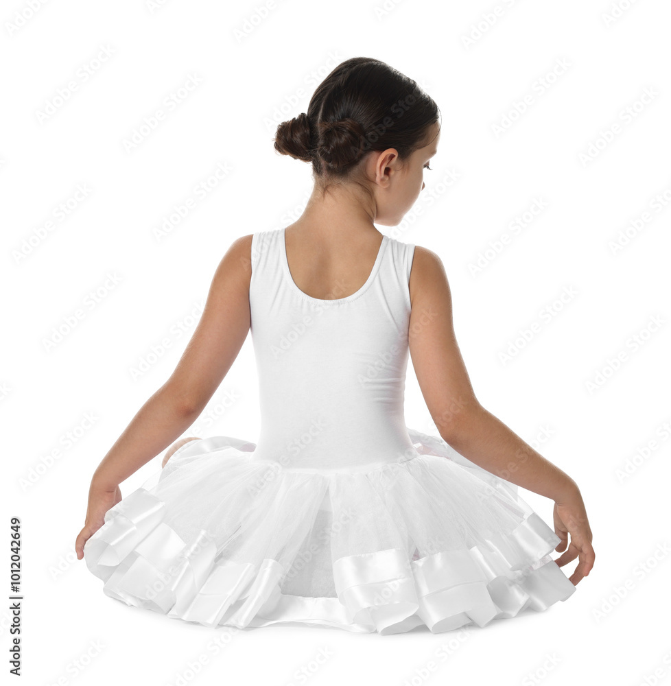 Fototapeta premium Little ballerina sitting on white background, back view