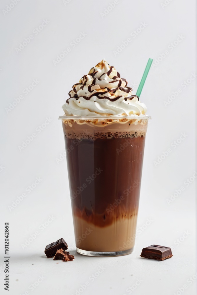 Plastic cup of tasty cold coffee with chocolate on white background drinks Plastic cup of tasty cold coffee with chocolate on white background drinks