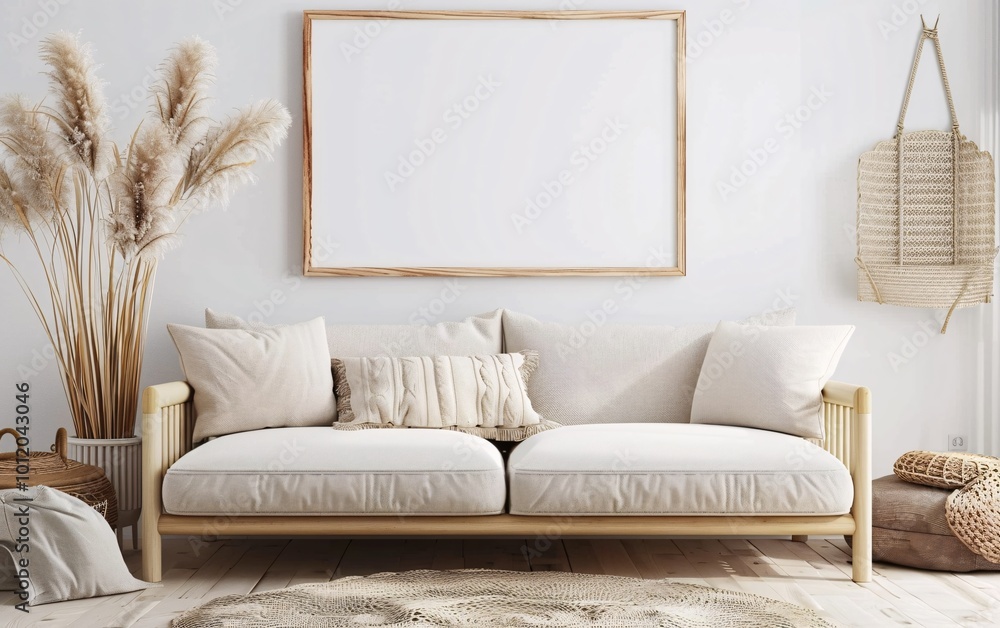 A white couch with pillows and a Blank horizontal poster frame mock on the wall A white couch with pillows and a Blank horizontal poster frame mock on the wall