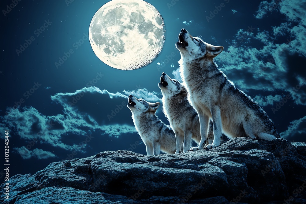 Naklejka premium Three wolves howling at a full moon in a night sky, set against a rocky landscape, symbolizing wilderness and nature's untamed beauty.