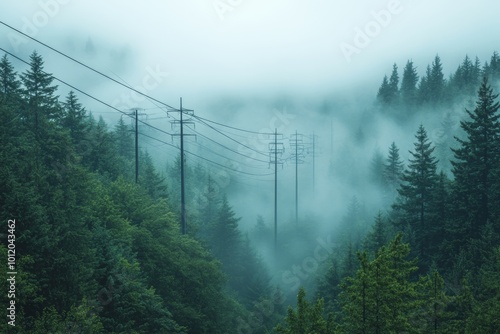 Wallpaper Mural High-voltage power lines extending through dense forest on misty day creating atmospheric perspective with tall pine trees beneath overcast sky, Generative AI Torontodigital.ca