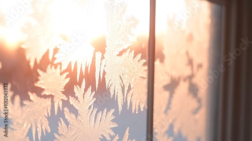Frosty window pane with winter sunrise.