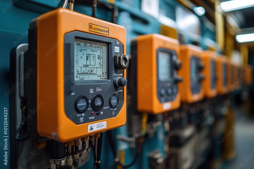 Closeup of a row of industrial control panels with digital displays and buttons. Closeup of a row of industrial control panels with digital displays and buttons.