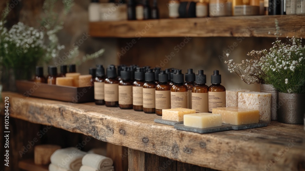 A rustic wooden shelf displays a variety of natural skincare products, including amber glass bottles, soaps, and flowers. A rustic wooden shelf displays a variety of natural skincare products, including amber glass bottles, soaps, and flowers.
