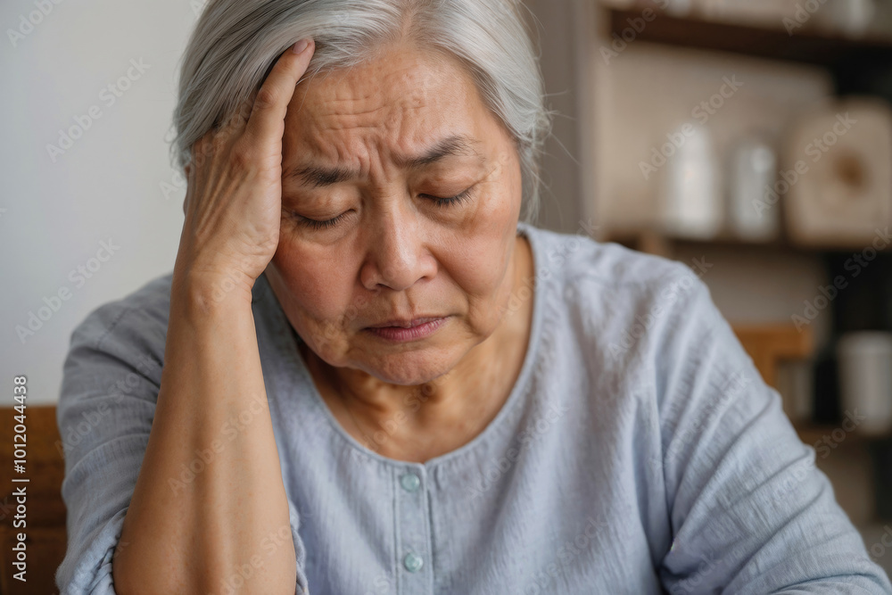 Portrait of gray-haired Asian woman suffering from headache migraine pain. Health problems, stress and depression Portrait of gray-haired Asian woman suffering from headache migraine pain. Health problems, stress and depression