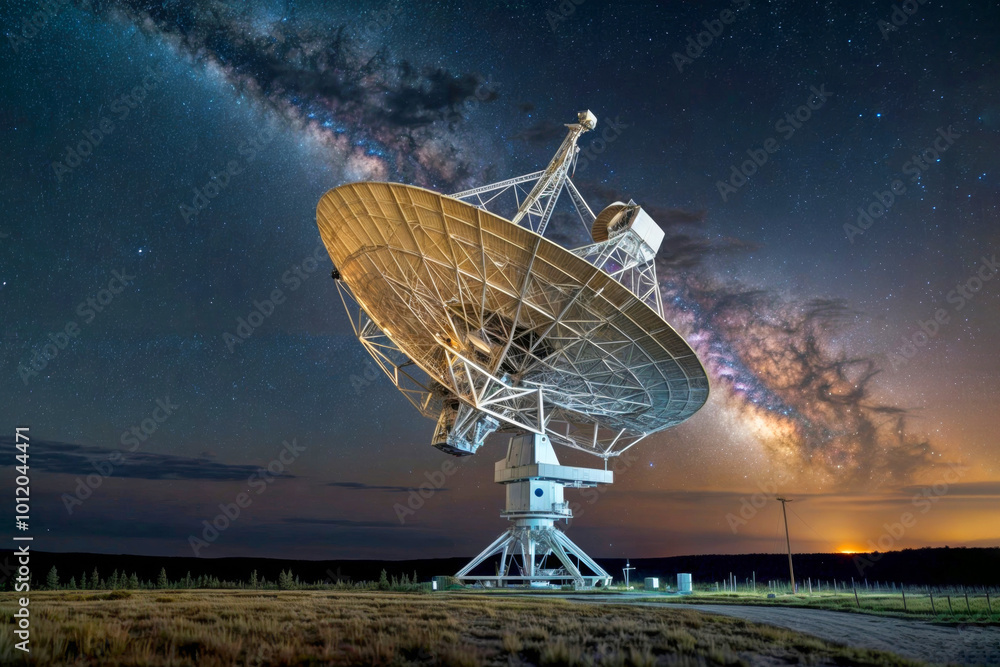 A large telescope is in the middle of a field at night. The sky is filled with stars and the Milky Way A large telescope is in the middle of a field at night. The sky is filled with stars and the Milky Way