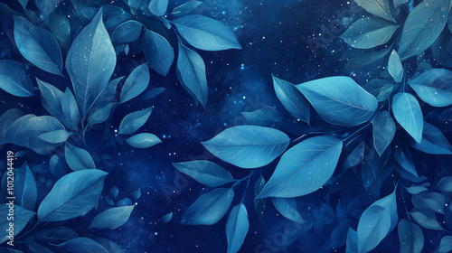 Abstract Space Garden: Create an abstract illustration of tropical foliage in various blue tones, including navy, azure, and turquoise. Position the leaves in an artistic arrangeme