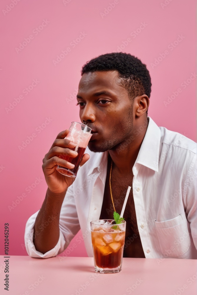 Drink black man drinking soft drink on pink background portrait drinks Drink black man drinking soft drink on pink background portrait drinks