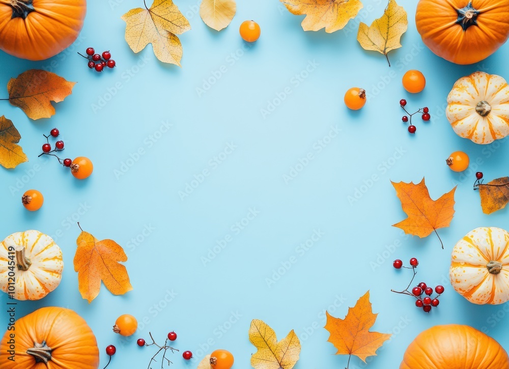 Fototapeta premium Autumn background with pumpkins, leaves, and berries on a light blue pastel color background, top view. Greeting card for a happy, cozy concept. Copy space banner. Autumn composition.