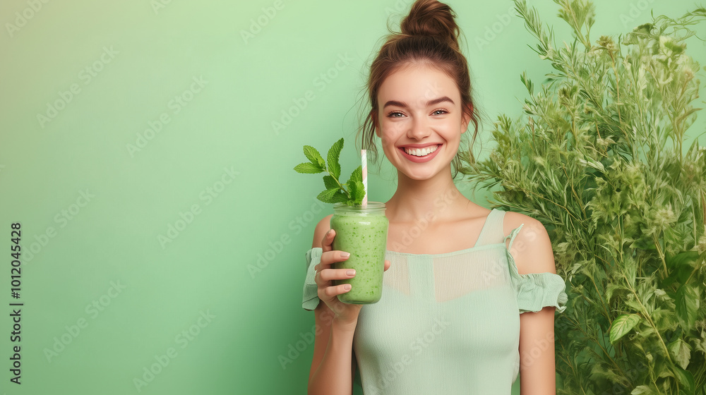 A smiling woman holding a nutritious green smoothie with mint, framed by a calming pastel green environment, embracing health and vitality. green smoothies, healthy drinks, refresh A smiling woman holding a nutritious green smoothie with mint, framed by a calming pastel green environment, embracing health and vitality. green smoothies, healthy drinks, refresh