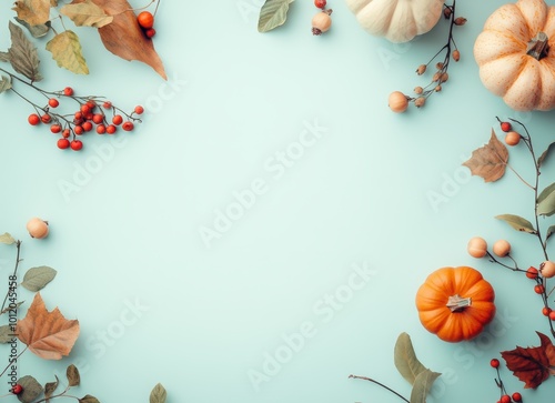 Wallpaper Mural Autumn background with pumpkins, leaves, and berries on a light blue pastel color background, top view. Greeting card for a happy, cozy concept. Copy space banner. Autumn composition. Torontodigital.ca