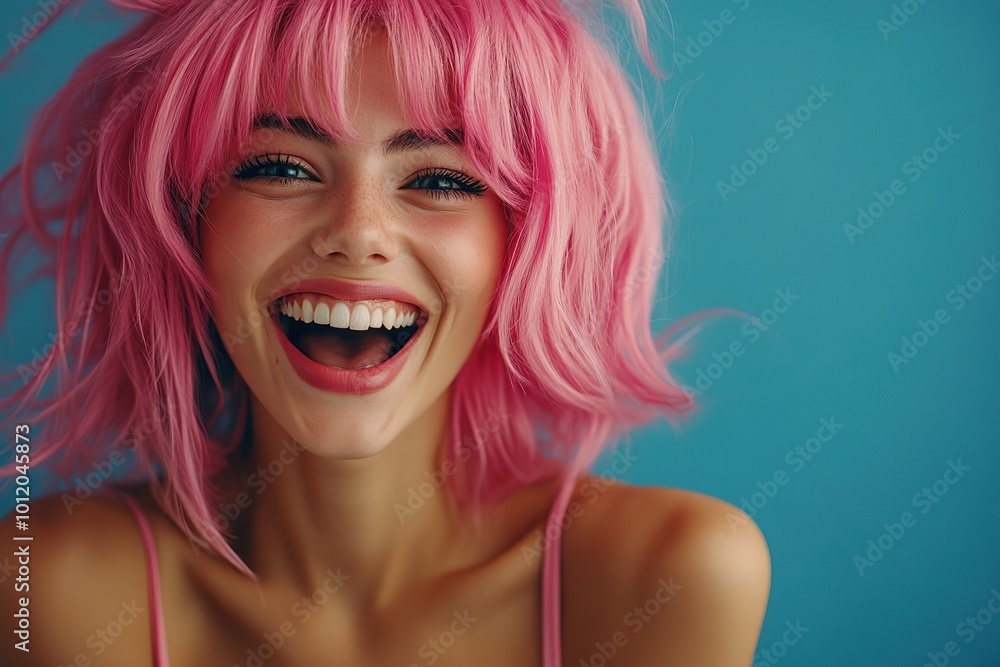 Portrait of beautiful emotional woman in pink wig on blue background Portrait of beautiful emotional woman in pink wig on blue background