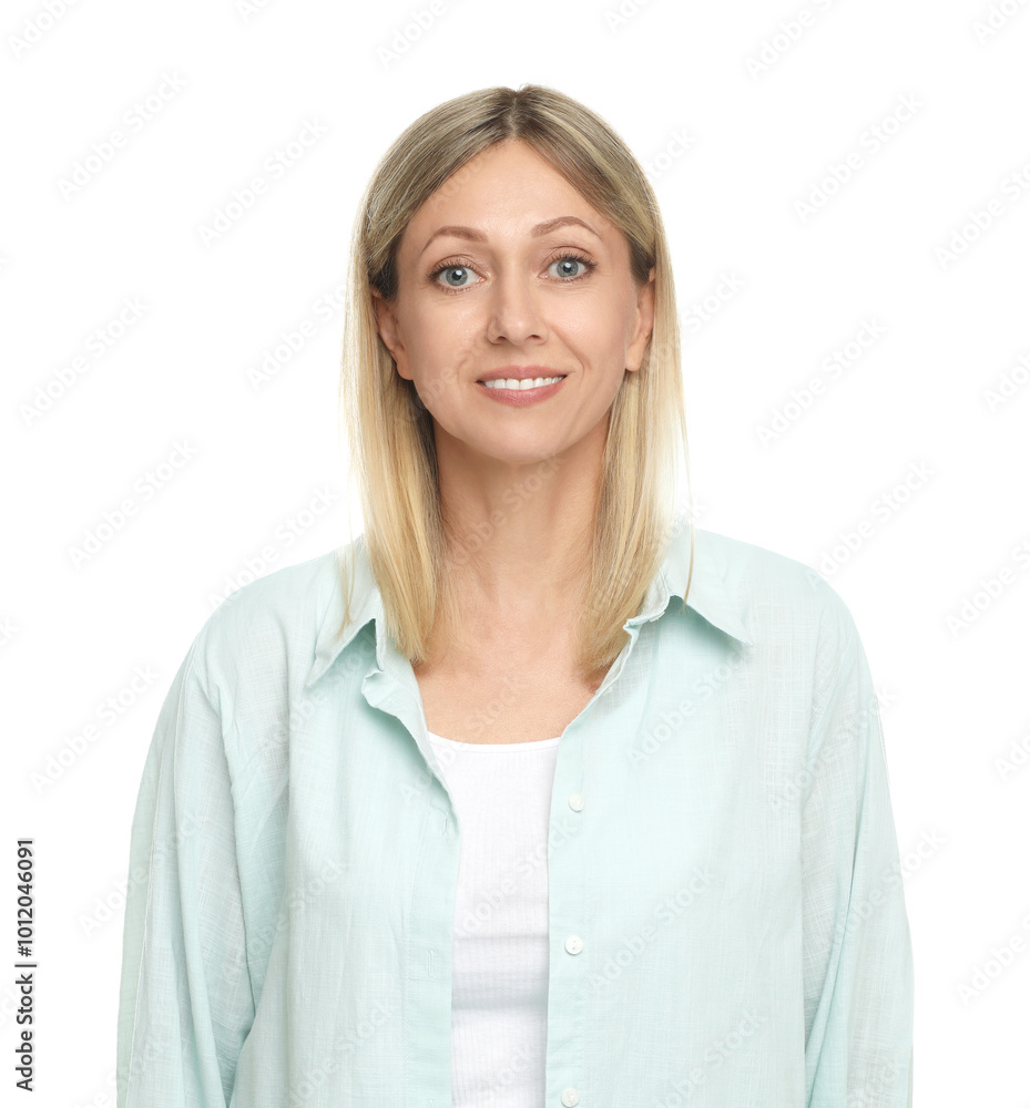Portrait of beautiful smiling woman isolated on white Portrait of beautiful smiling woman isolated on white