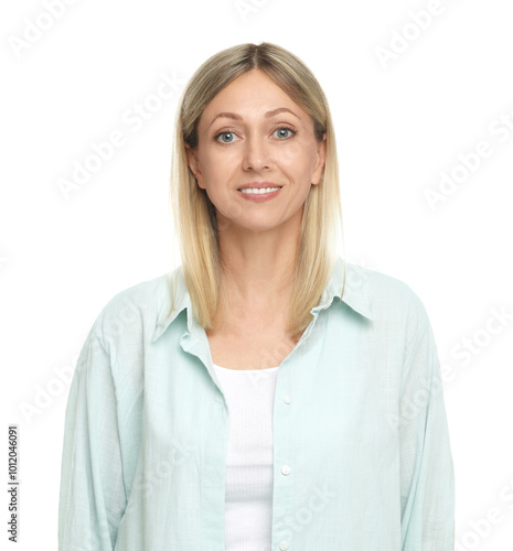 Portrait of beautiful smiling woman isolated on white