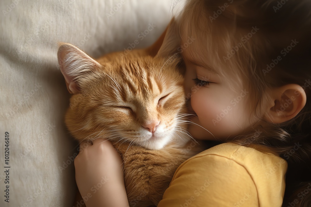 A young child lovingly embraces a sleeping ginger cat, showcasing warmth and tenderness. The serene scene exudes comfort and companionship. A young child lovingly embraces a sleeping ginger cat, showcasing warmth and tenderness. The serene scene exudes comfort and companionship.