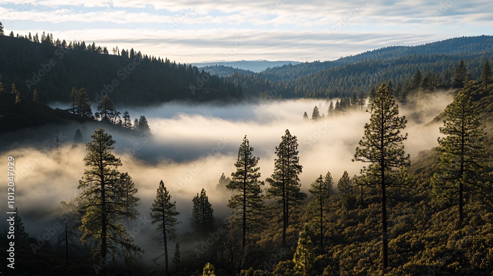 Misty valley with tall pine trees and rolling hills. Misty valley with tall pine trees and rolling hills.