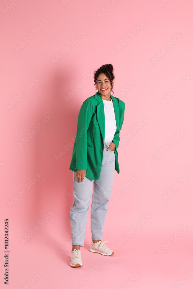 Beautiful woman in stylish jacket on pink background Beautiful woman in stylish jacket on pink background