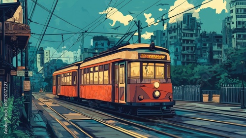 Illustration of the iconic Kolkata tram moving through an Indian city street, featuring urban scenery, cultural elements, colonial charm, and vintage transportation. AI generated illustration.