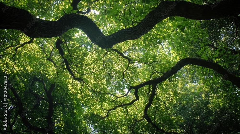 Sunlight shines through a dense canopy of interwoven tree branches, casting a soft glow on the vibrant green leaves. The intricate pattern of branches creates a natural, peaceful ambiance.