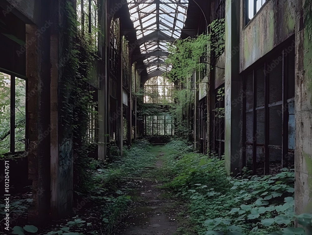 Obraz premium Abandoned building overtaken by nature, lush greenery inside.
