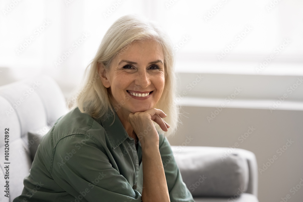 Portrait of happy mature woman wear casual blouse put chin on hand posing seated on comfortable sofa in living room, smiling, looking at camera, enjoy moment of tranquility and carefree retired life Portrait of happy mature woman wear casual blouse put chin on hand posing seated on comfortable sofa in living room, smiling, looking at camera, enjoy moment of tranquility and carefree retired life