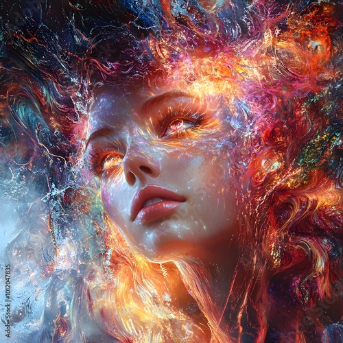 Abstract portrait with vibrant colors and ethereal expression.