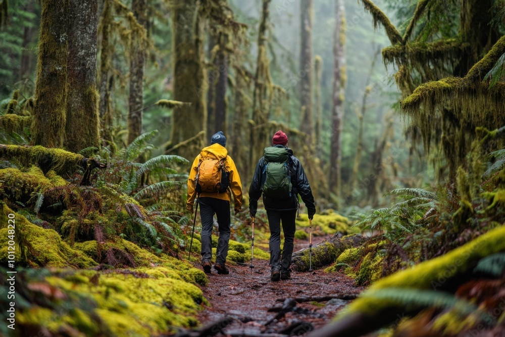 Stunning photograph of two people hiking on the Rainforest trail in British Columbia, exploring lush rainforests with moss-covered trees and vibrant wildlife Generative AI Stunning photograph of two people hiking on the Rainforest trail in British Columbia, exploring lush rainforests with moss-covered trees and vibrant wildlife Generative AI