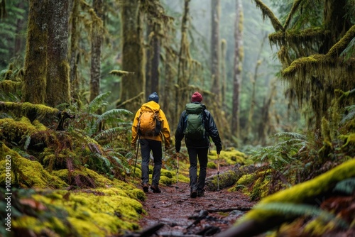 Stunning photograph of two people hiking on the Rainforest trail in British Columbia, exploring lush rainforests with moss-covered trees and vibrant wildlife Generative AI