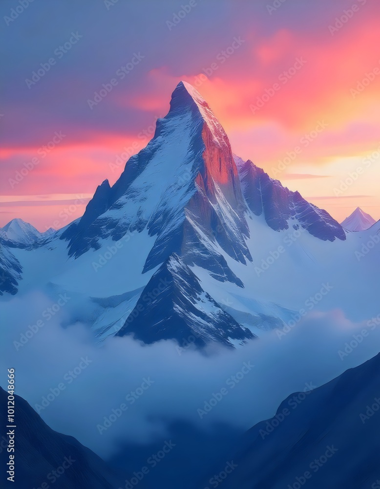 Majestic Mountain Peak Glowing at Sunrise with Colorful Sky Generative AI. Majestic Mountain Peak Glowing at Sunrise with Colorful Sky Generative AI.