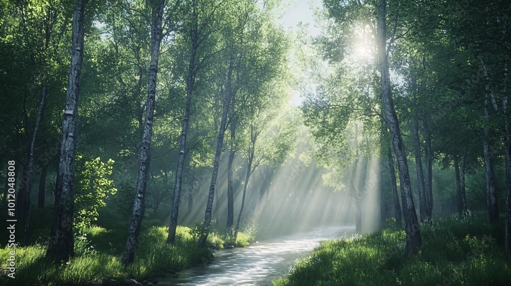 Obraz premium Sunbeams illuminate a winding river through a lush forest.
