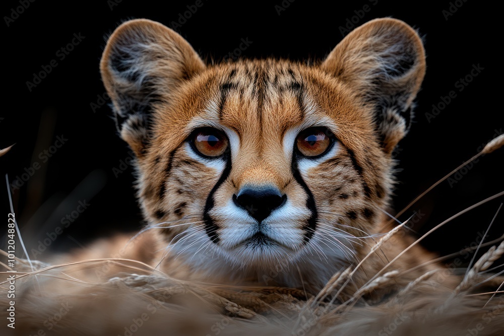 A close-up portrait of a cheetah cub with its head and shoulders peeking over tall grass, looking directly at the camera. A close-up portrait of a cheetah cub with its head and shoulders peeking over tall grass, looking directly at the camera.