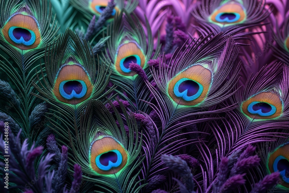 Obraz premium Vibrant peacock feathers in rich jewel tones, exotic and luxurious texture